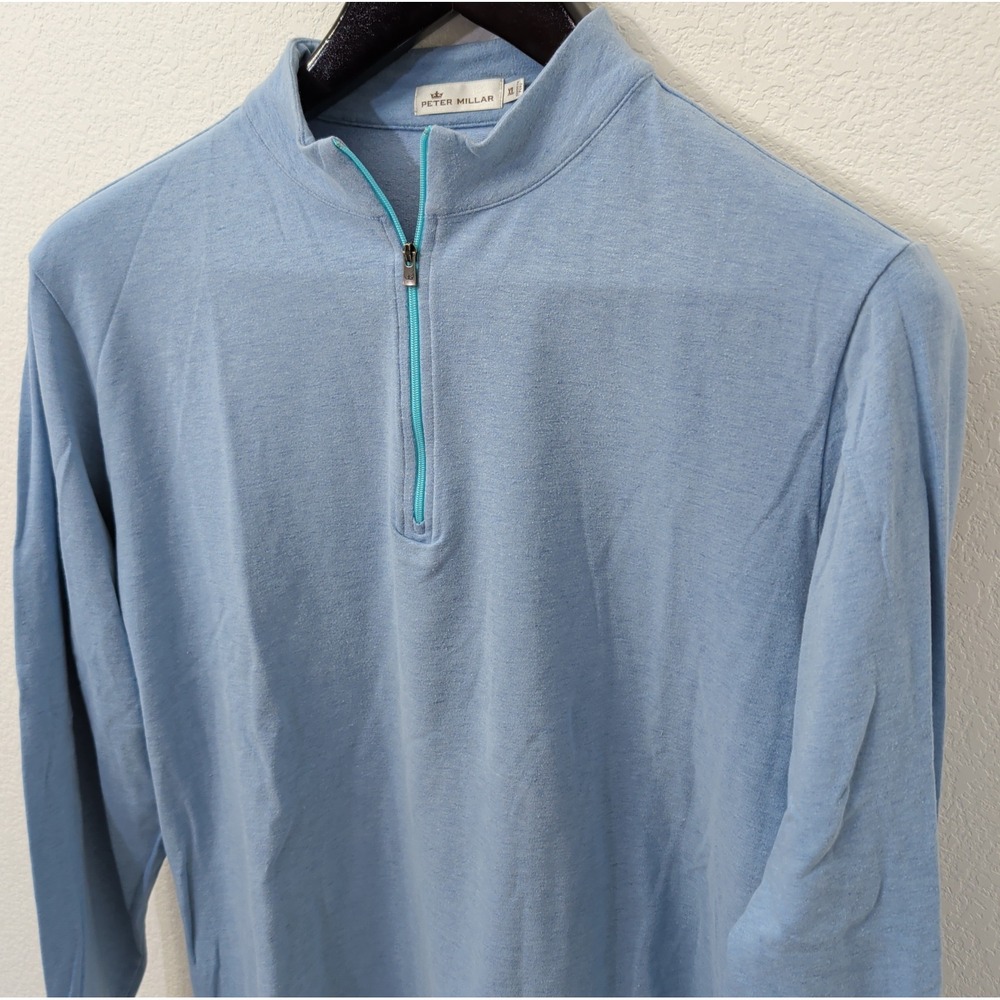 Peter Millar Mens XL 1/4 Zip Pullover Pima Cotton Alpaca Blue Turquoise Trim